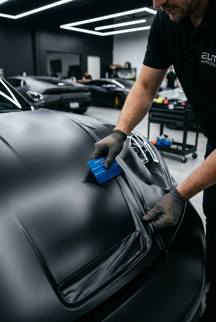 Craftsman wrapping a car hood in satin black