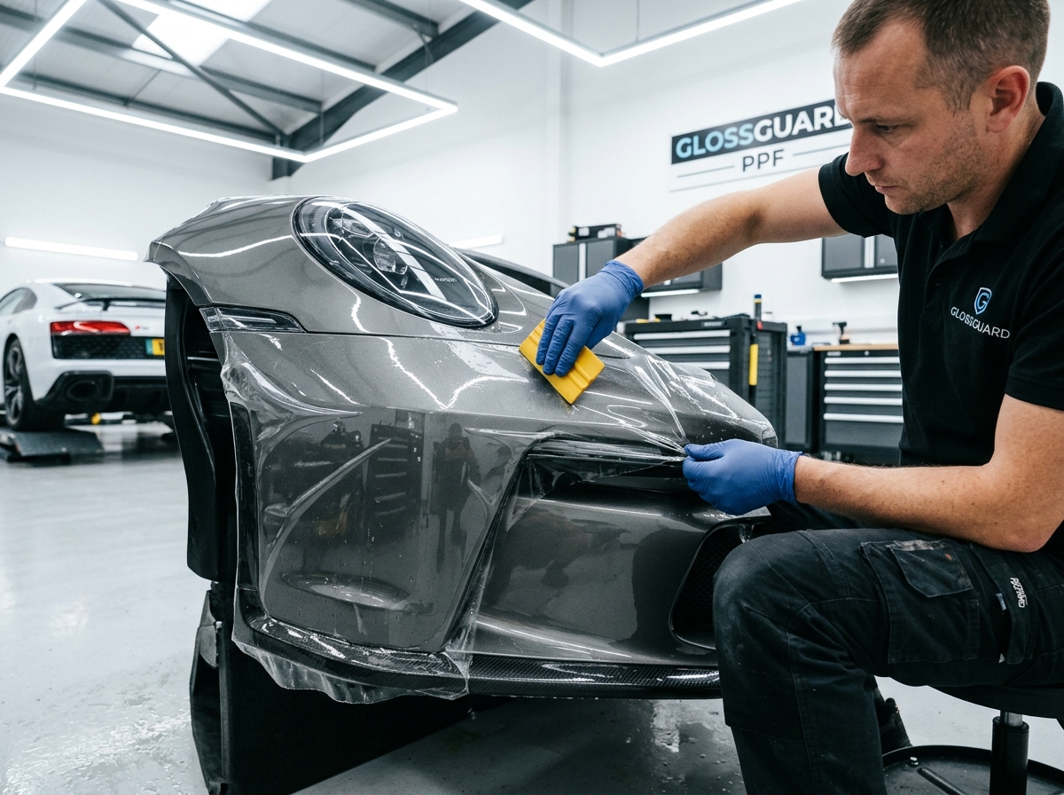 Expert applying paint protection film on car front bumper