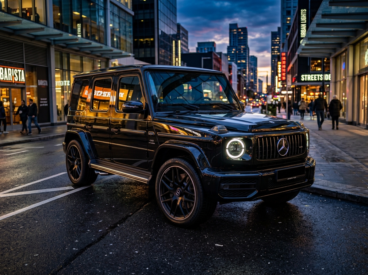 Glossy black luxury SUV parked in city